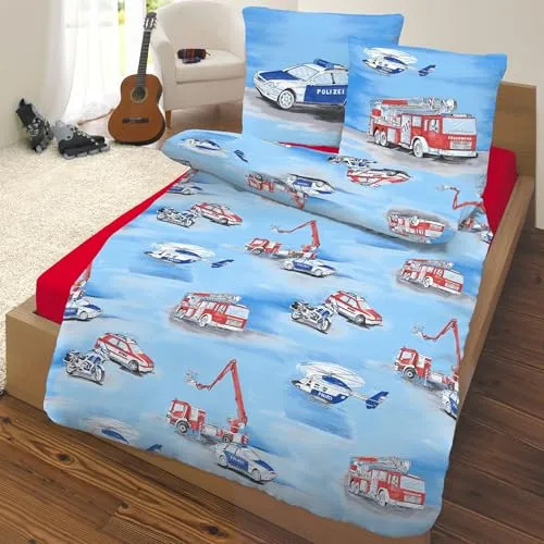termana Kinder Bettwäsche Feuerwehr & Polizei - Bettbezüge für Kinder mit coolem 