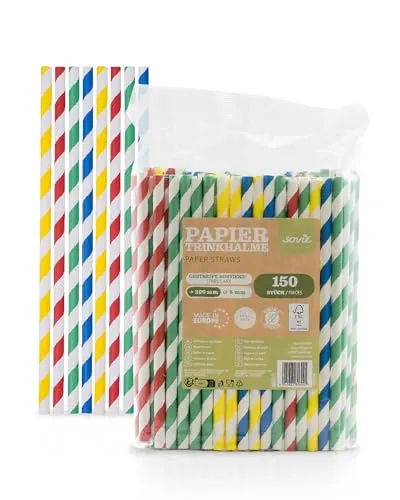 Mank Umweltfreundliche Papiertrinkhalme, Pappstrohhalme für Partys & Hochzeiten, Papierstrohhalme in recycelbarem Folienbeutel, Strohhalme, (150, Gelb, Rot, Grün, Blau, Ø 8 mm / 20 cm)