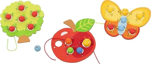 goki 58385 - Fädelset Obstgarten, 3 Motive (Apfel, Baum, Schmetterling) - Fördert die Feinmotorik, Koordination und Konzentration - inklusive Holzperlen und Anleitung