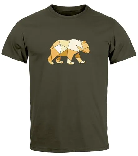 Neverless® Herren T-Shirt Bär Aufdruck Grafik Outdoor Polygon Motive Printshirt Natur Fashion Streetstyle Army XL