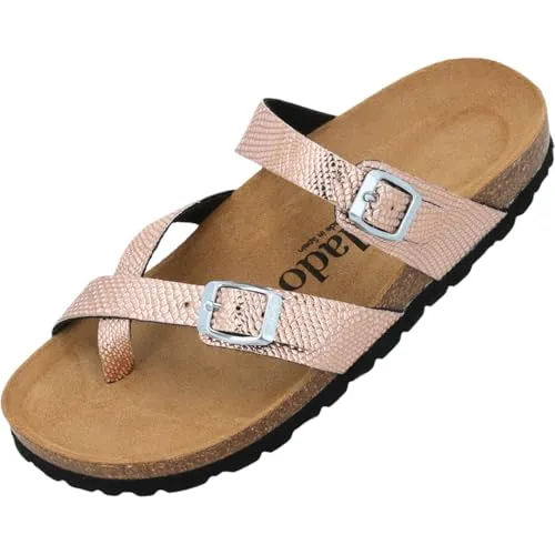 Palado Pantoletten Damen Cres Metallic - elegante Sandalen Made in Spain - bequeme Hausschuhe mit dämpfendem Kork-Fußbett - modische Sommerschuhe Pyth Rose UK7 - EU40