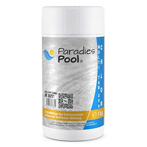 Paradies Pool Multi Tabs 20 g 1 kg, Quattro Multi Tabletten mit Chlor, Algenschutz, Flockungsmittel, pH Stabilisator, zur Wasserbehandlung, Inhalt: 1 kg