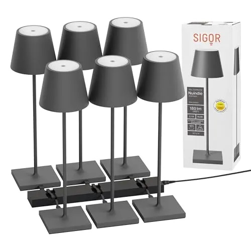 SIGOR 6 Stück Nuindie 2.0 inklusive 6-fach Ladestation - Dimmbare LED Akku-Tischlampe Indoor & Outdoor, IP54 spritzwassergeschützt, Höhe 38 cm, aufladbar mit USB-C, 12 h Leuchtdauer, graphitgrau