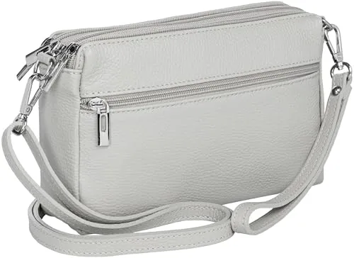Caspar kleine Leder Umhängetasche Crossbody Bag elegante Damen Tasche mit 3 Fächern - CLASSIC LINE - Modell No.815 - Made in Italy, Farbe:hellgrau