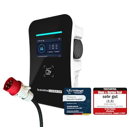DAHEIM LADEN.DE Touch PRO Wallbox 11kW - Vielseitige Wallbox mit 16A CEE Anschluss, Touchdisplay und wetterfestem Gehäuse. Ideal für Elektroautos, bietet App-Steuerung, MID-Stromzähler und intelligentes Lastmanagement.