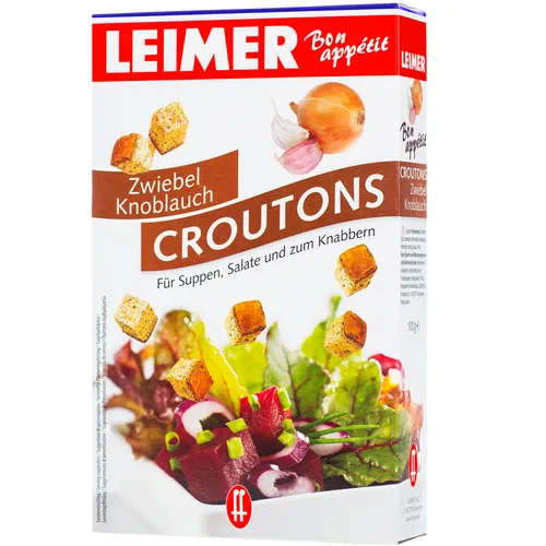 Leimer Croutons Zwiebel Knoblauch 100g - Fertigmahlzeiten mit zart geröstetem Weißbrot, ideal als knusprige Beilage für Salate oder Suppen, aromatisch und lecker.