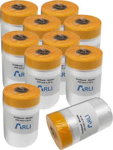 ARLI 10x Goldband Masker 550 mm x 25 m Abdeckfolie mit Klebeband Malerfolie Transparent Baufolie Tape