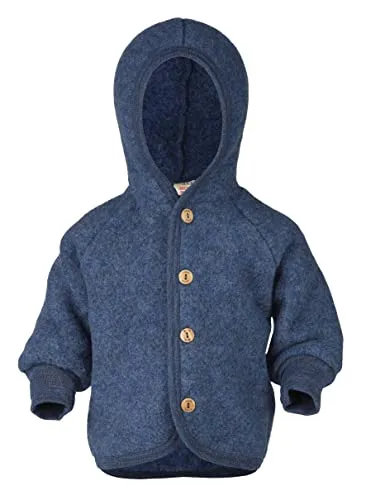 Engel Baby Jacke mit Kapuze aus Wollfleece (Blau Melange, 110-116) - Funktionsjacke aus leichter Schurwolle, ideal für kalte Tage. Mit Holzknöpfen und Kapuze für zusätzlichen Komfort.