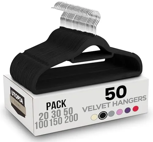 Utopia Home - Antirutsch-Kleiderbügel aus Samt - rutschfeste und strapazierfähige Kleiderbügel aus Samt mit Krawattenhalter - Stark genug, Jacken und Pullover zu halten (Schwarz, 50er-Pack)