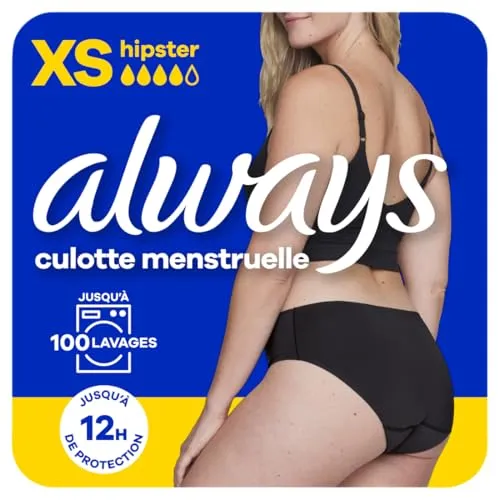 Always Menstruationshose, waschbar, XS, 36 – 38, 1 Unterhose, Hipster, Schwarz, mäßiger bis starker Fluss, wiederverwendbar bis zu 100 Wäschen, bis zu 12 Stunden Schutz, Komfort den ganzen Tag, 1