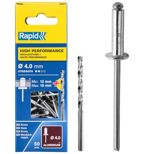 Rapid Blindnieten Aluminium Universal Ø 4mm, 12-15mm Klemmbereich, 50 Stk. Nieten, Set inkl. Bohrer, für Blindnietzangen