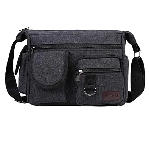 BOMKEE Schultertasche Umhängetasche Herren Canvas Messenger Bag Herrentasche Wasserdicht Tasche für Reisen, Wochenender, Schule (Schwarz)