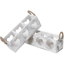 2er-Set Dekokiste HWC-C26 - Aufbewahrungsbox aus Paulownia - Stilvolle Dekokisten in shabby weiß mit 3 Fächern und Herz-Ornamenten, ideal zur Aufbewahrung im Wohnzimmer.