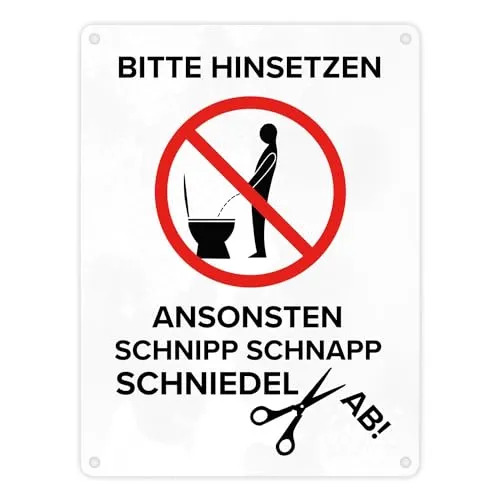 Bitte hinsetzen, ansonsten… Toilette Metallschild in 15x20 cm mit Icon witziges Blechschild für die Toilette Hinsetzen sonst Schniedel ab Kloschild Dekoschild WC