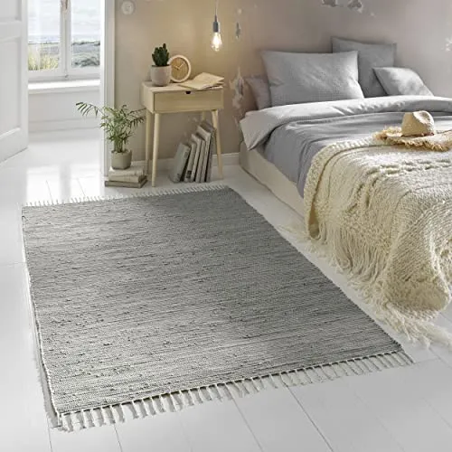TacaHome Flicken-Teppich 100% Baumwolle I Waschbarer Fleckerl mit Fransen I Esszimmer Küche Badezimmer Wohnzimmer Kinderzimmer | 70 x 250 cm Grau