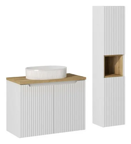 ROYAL24_MARKT Badmöbel-Set - Nova White N BM31 - Aufsatzwaschtisch & Hochschrank, (Komplett Set, 5-St., Premium - Nova White N), Luxus – Modern – Präzise.