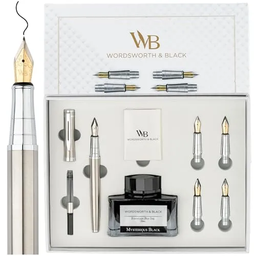 Wordsworth & Black Fountain Pen Geschenkset, enthält Tintenflasche, 6 Tintenpatronen, Tintennachfüllkonverter, 5 Ersatzfedern, Premium-Paket, Journaling,[Silber Chrom]