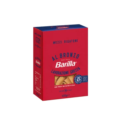 Barilla Mezzi Rigatoni al Bronzo - Bronze Gezogene Pasta 400g - Nudeln & Pasta, hochwertige Bronze gezogene Pasta für perfekten Biss und authentischen italienischen Genuss.