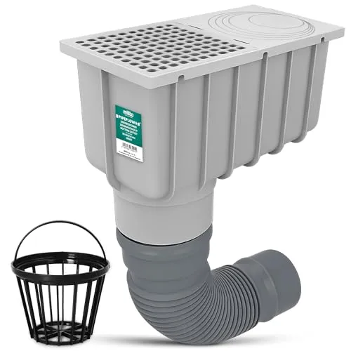 Millto Regensinkkasten 110/125 mm Regenwasserablauf Dachrinnenablauf Hofablauf Regenrohrablauf Sinkkasten Entwässerung Kontrollschacht mit Sieb und Flexibles Rohr 340-400 mm Grau