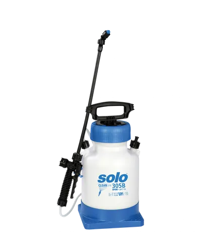 Solo CLEANLine 305 B EPDM Druckspritze - Drucksprüher mit 5,0 l Fassungsvermögen, ideal für alkalische Reiniger. Inklusive Standfuß und Schultergurt für komfortable Anwendung.