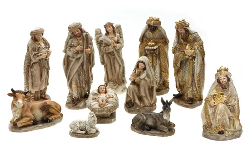 Krippenfiguren Set 11teilig Glitzer beige-braun H: 20cm Naturtöne Weihnachtsdeko