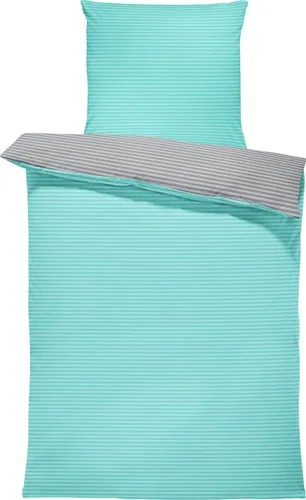 Wendebettwäsche gestreift Streifen Stripes modern Bettbezüge Renforcé Baumwolle, Größe:4 teilig 155x220 cm, Farbe:türkis / anthrazit