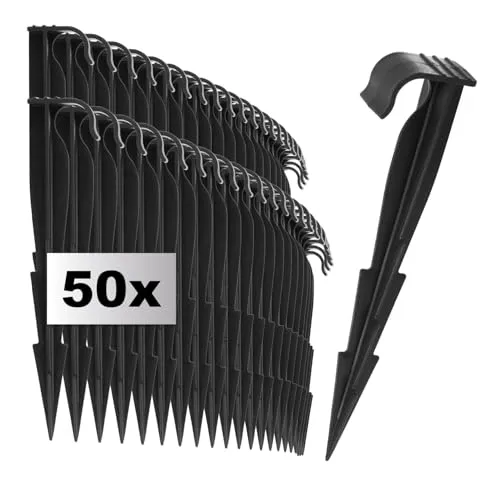 com-four® 50x Fixierungshaken für Bewässerungsleitungen - Erdanker aus Kunststoff - Befestigungsstifte für Schläuche, Kabel und Abdeckungen - Bodennägel mit Widerhaken (50x schwarz - für Schläuche)