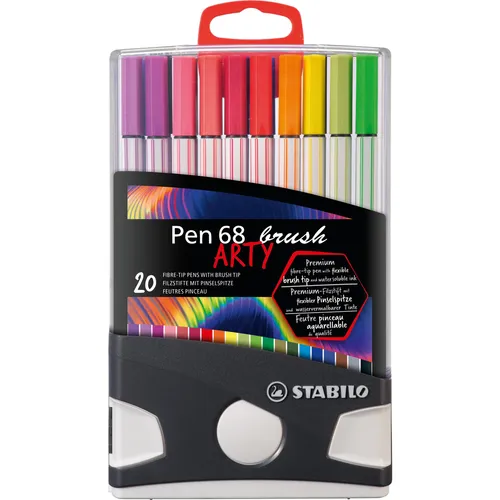 STABILO Pen 68 brush ColorParade - Premium-Filzstift mit Pinselspitze, 20er Tischset in brillanten Farben für kreative Techniken und einfache Handhabung