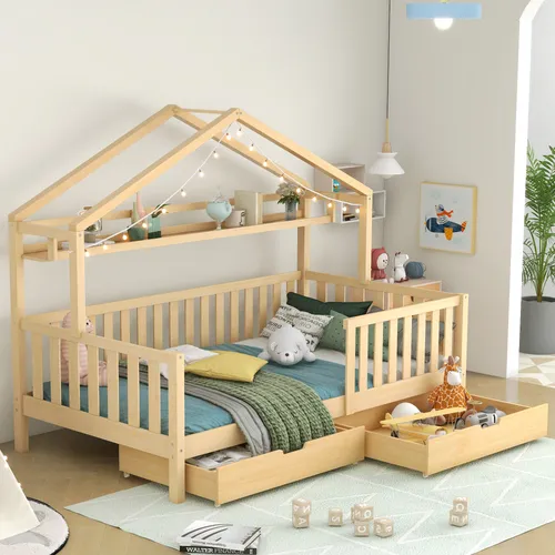 STILVORA Hausbett 90x200 Kinderbett mit Schubladen und Regale,Hausbett aus Kiefernholz mit Zaun,Jugendbett mit Rausfallschutz,Natur(Ohne Matratze)