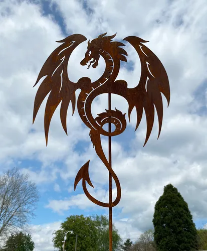 Mächtiger Drache 60x46cm + Stab Edelrost Gartenstecker Rost Metall Dragon