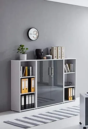 Hochglanz Aktenschrank Set in Lichtgrau/Anthrazit - Aktenschränke und Regale Set, mit Edelstahlgriffen und Metallschlössern, ideal für eine stilvolle Büroorganisation. Made in Germany, auch in anderen Kombinationen erhältlich.