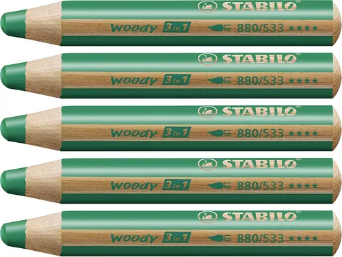 STABILO woody 3 in 1 - 5er Pack dunkelgrün - Schreibutensilien: Buntstift, Wasserfarbe und Wachsmalstift in einem, hohe Deckkraft und ideal für kreative Projekte auf verschiedenen Oberflächen.