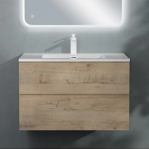 doporro Badmöbel-Set Waschbecken-Unterschrank Badezimmer Waschtisch mit Unterschrank BTH: 80x48x50 cm in Eiche Greige inkl. Mineralguss-Waschbecken Aqualis