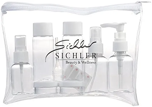 Sichler Beauty Reiseflaschen: Reise-Reißverschluss-Tasche mit 7 Behältern fürs Flug-Handgepäck (Fläschchen, Reiseset Kosmetik, Koffer Organizer)