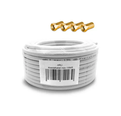 ARLI 50m Koaxialkabel +4x F-Stecker vergoldet mit breiter Mutter &Dichtring TV-Kabel, F Stecker, Sat (5000 cm), 50 m TV Sat Koax Antennen Kabel 5-fach geschirmt Verlegekabel Set