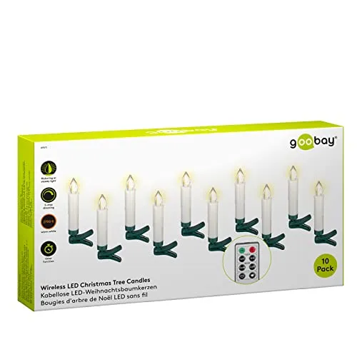 Goobay 49873 Kabellose LED Weihnachtsbaumkerzen mit Timerfunktion/LED Kerzen mit Fernbedienung/Flackernde Flamme Christbaumkerzen/Elektrische Kerzen/Baumkerzen 10er Set/Weiß