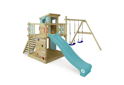 Wickey Spielturm Smart Camp – Kletterturm mit Rutsche und Schaukel - Schaukel und Kletterturm mit Spielhaus, inklusive 10 Jahren Garantie* und extrem witterungsbeständigem Holz für langlebigen Spielspaß.