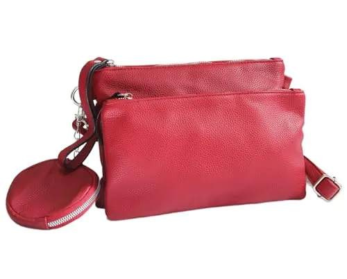 irisaa 3 in 1 Umhängetasche Damen, Klein Crossbody Bag mit abnehmbarem Münzbeutel & Schultergurt, Schultertasche Handtasche für Alltag, Reise & Party, DKB Farbe:Rot 6632