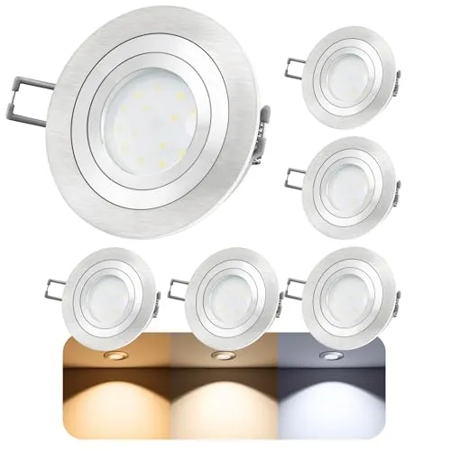 SSC-LUXon 6 Stück RF-2 LED Einbaustrahler Set flach 230V - Energiesparlampen mit extrem flachem Design (Einbautiefe nur 30mm) und schwenkbarem Innenring - ideal für platzsparende Beleuchtung in jedem Raum.