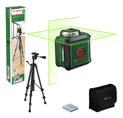 Bosch Kreuzlinienlaser UniversalLevel 360 mit Premium-Stativ - Messgerät für präzises Ausrichten: Mit 360° horizontaler und 120° vertikaler Laserlinie, selbstnivellierend für exakte Ergebnisse und 4-mal bessere Sichtbarkeit dank grüner Lasertechnologie.