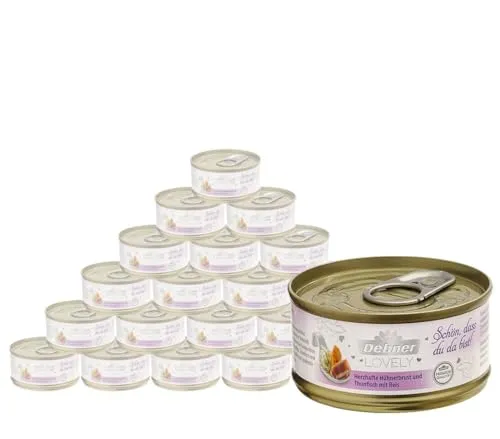 Dehner Premium Lovely Katzenfutter, Nassfutter glutenfrei, für ausgewachsene Katzen, Hühnerbrust / Thunfisch / Reis, 24 x 70 g Dose (1.68 kg)