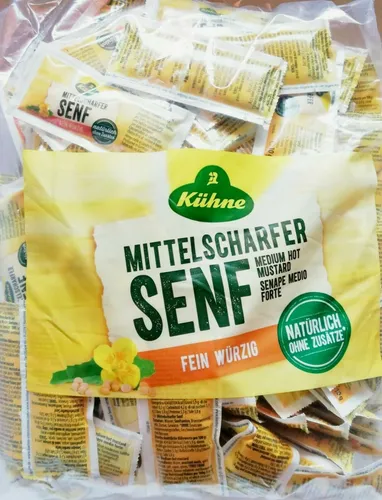 Kühne Mittelscharfer Senf Portionsbeutel 10 g - Senf in praktischen Portionsbeuteln, ideal für unterwegs oder beim Grillen. Perfekt für jeden Geschmack, mit einem ausgewogenen würzigen Aroma.