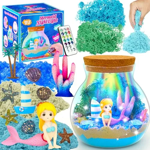 Meerjungfrau-Geschenke für Mädchen – Leuchtendes Meerjungfrauen-Terrarium-Bastelset für Kinder – Bastelspielzeug – Geburtstagsgeschenke für Kinder im Alter von 4, 5, 6, 7, 8, 9, 10, 11 und 12 Jahren
