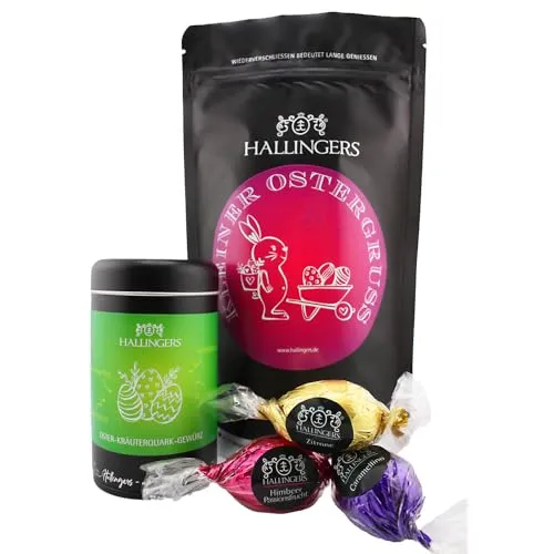 Hallingers Genuss Manufaktur Geschenkkorb Geschenkset Ostern – Feinkost Mix mit Oster Gewürz & Pralinen Ostereier, edle Wundertüte, hochwertiges Osterkörbchen Geschenk, 