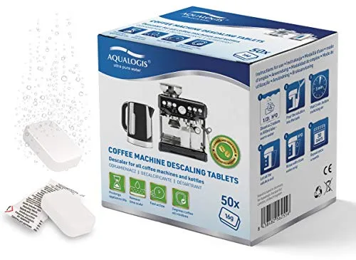 Aqualogis Entkalkungstabletten für Kaffeevollautomaten und Kaffeemaschinen. Entkalkungs-Tabs kompatibel mit Jura, Nivona, Krups, Bosch, Miele, Melitta, WMF uvm. (50 Stück)