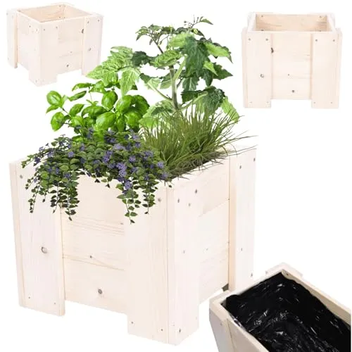 MODO24 Pflanzkübel aus Holz, Hochbeet mit Schutzfolie, Kiefernholz Pflanzkasten Blumenkasten für Outdoor Garten Terrasse Balkon, Natürlich, Stabil & Dekorativ, 30x30x33 cm Farbe: Natur unbehandelt