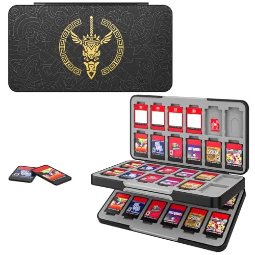 MoKo Spiel Aufbewahrungsbox Kompatibel mit Nintendo Switch 2/Switch OLED 2021/Lite, Game Case mit 48 Game Card Slots & 24 SD Card Slots, Schlank Tragbar Spiele Organizer, Zelda Tears Schwarz