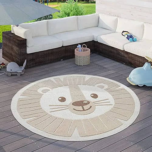 Paco Home Kinderteppich Kinderzimmer Outdoor Teppich Rund Spielteppich Modern 3D Effekt, Grösse:Ø 160 cm Rund, Farbe:Beige