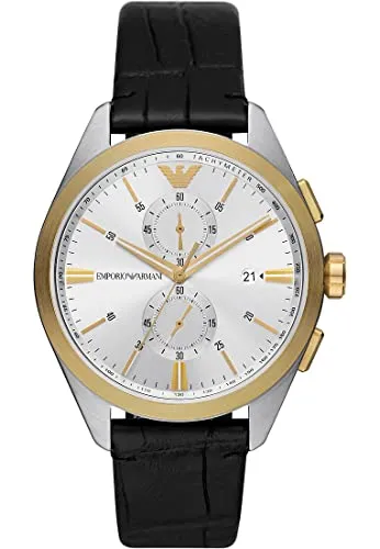 Emporio Armani AR11498 Herren Chronograph - Elegante Armbanduhr in Gold und Schwarz - Chronographen: Hochwertige Herren Uhr mit Quarzwerk, 5 ATM wasserdicht, und edlem Lederarmband für stilbewusste Männer.