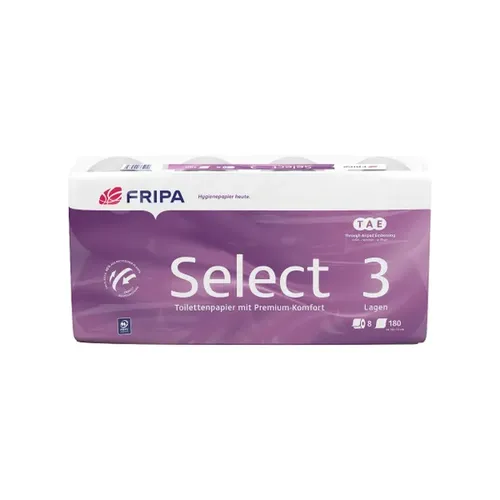 Toilettenpapier Fripa Select 3 TAE Tissue hochweiß 8 Rollen 8 Rollen/Paket x 180 Blatt, Klopapier 3-lagig, Kleinpaket 1030807